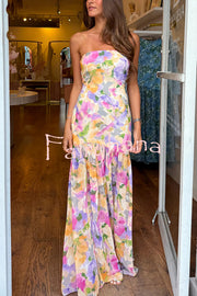 Floral Print Elegant Strapless Fitted Slit Maxi Dress