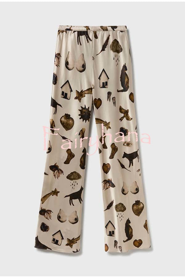 The Finishing Touch Satin Unique Print Elastic Waist Wide Leg Pants