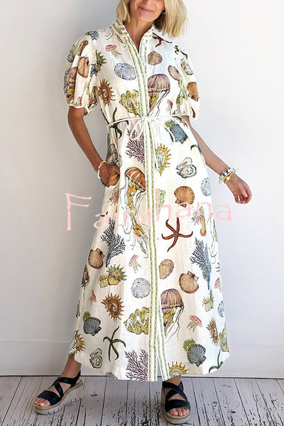 Beach Shell Print Puff Sleeve Tie-Waist Casual Midi Dress