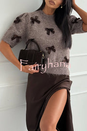 Jensin Knit Satin Bow Detail Short Sleeve Crop Sweater