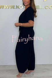 Solid Color V-neck Short-sleeved Waist-tied Loose Casual Jumpsuit