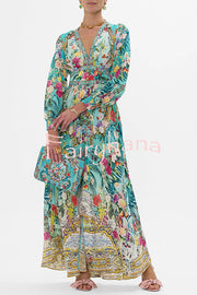 Fairy Tale Print V-Neck Lantern Sleeve Waist Maxi Dress