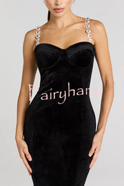 Harley Luxurious Velvet Fabric Jewel-embellished Shoulder Straps Midi Dress