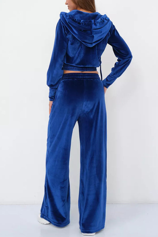 Solid Color Velvet Hooded Zip-up Sweatshirt and Elastic Waist Casual Pocket Straight-leg Pants Set