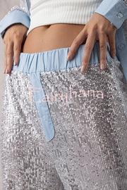 Fashion Sequined Loose Long-sleeved Shirt and Casual Elastic Waist Wide-leg Pants Set