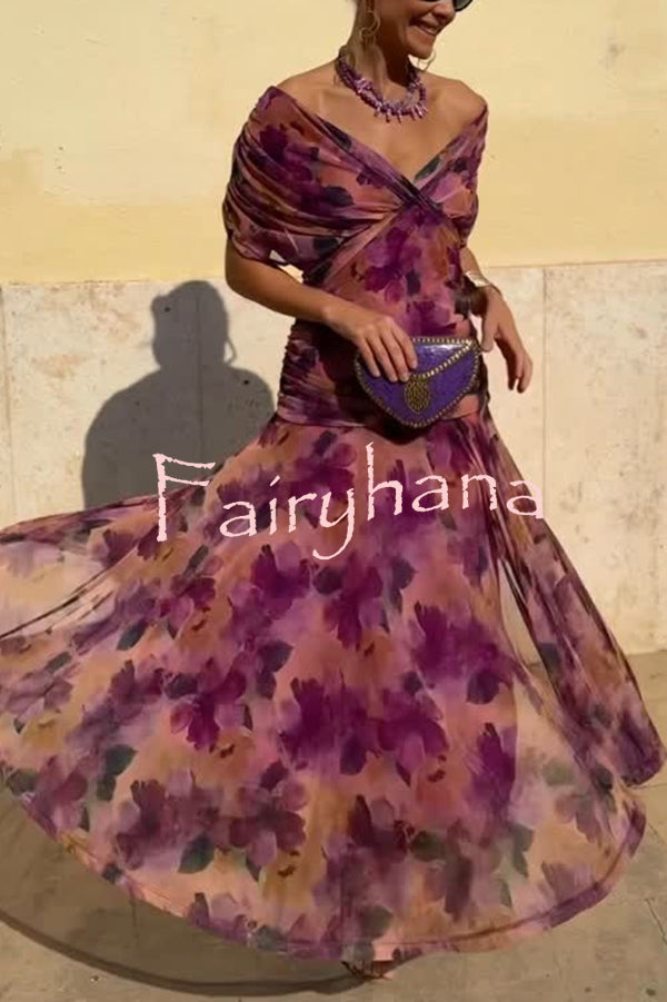 Unique Printed V-Neck Waisted Mesh Holiday Maxi Dress