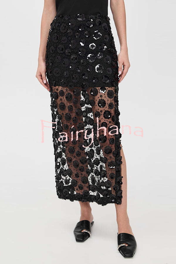 Gorgeous Flower Embellished Sequin Sheer High Rise Slit Midi Skirt