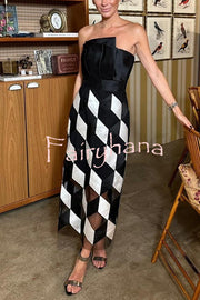 Sexy Tube Top and Backless Rhombus Contrast Midi Dress