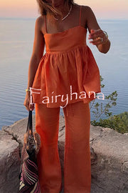 Solid Color Casual Suspender Loose Top and Elastic Waist Wide Leg Pants Set