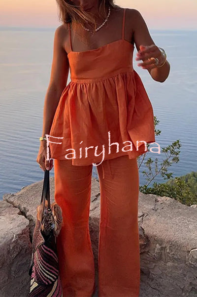 Solid Color Casual Suspender Loose Top and Elastic Waist Wide Leg Pants Set