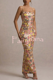 80's Inspired Floral Print Sequin Square Neck Slip Stretch Maxi Dress
