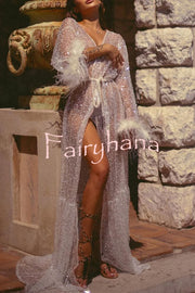 Fashionable Sequined Feather Long-sleeved Vacation Loose Extra-long Sun Protection Cover-up