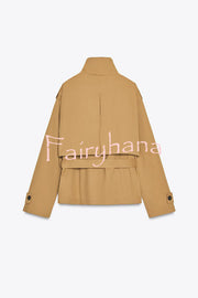 Chic Comfort Epaulettes Contrast Buttons Pocket Belt Cropped Trench Coat