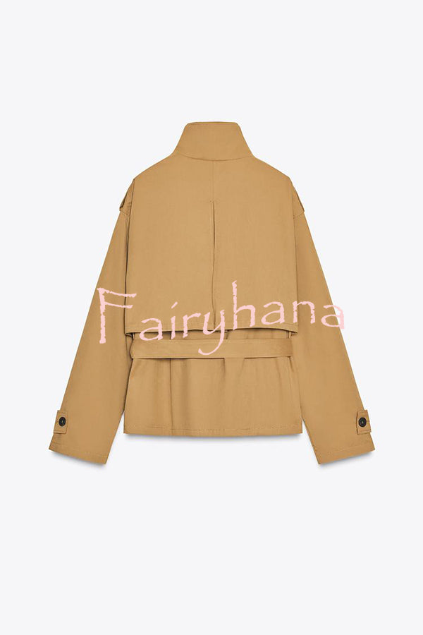 Chic Comfort Epaulettes Contrast Buttons Pocket Belt Cropped Trench Coat