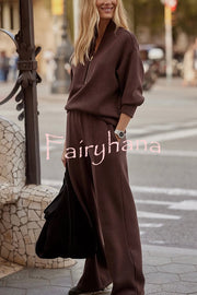 Meet The Autumn Ribbed Zipper Neck Sweatshirt and Elastic Waist Pocketed Loose Pants Set
