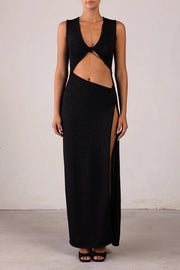 Beautiful Figure Shiny Knit Fabric Cutout Side Slit Stretch Vacation Maxi Dress