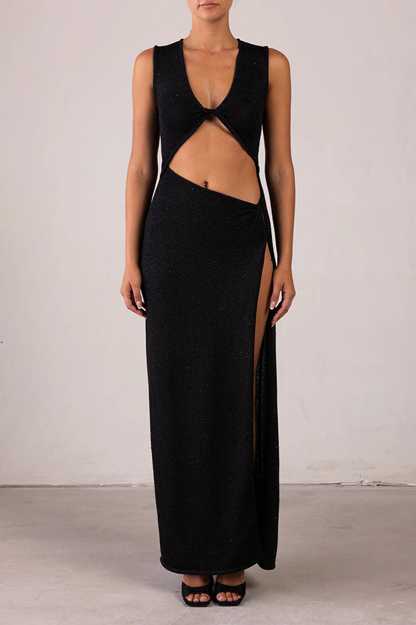 Beautiful Figure Shiny Knit Fabric Cutout Side Slit Stretch Vacation Maxi Dress