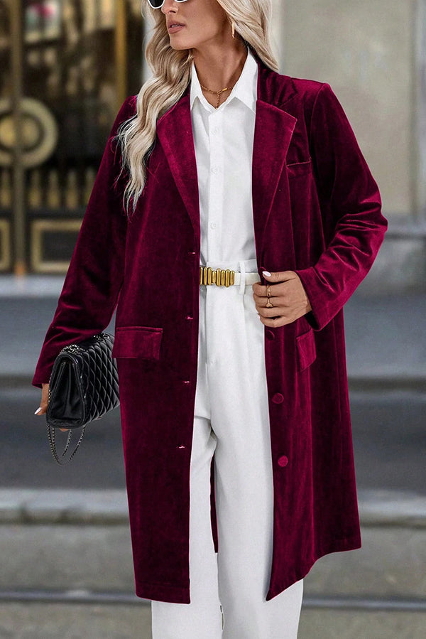 Solid Color Velvet Lapel Long-sleeved Casual Button Mid-length Coat