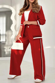 Solid Color Lapel Long Sleeve Loose Blazer and Elastic Waist Casual Pocket Wide Leg Pants Set