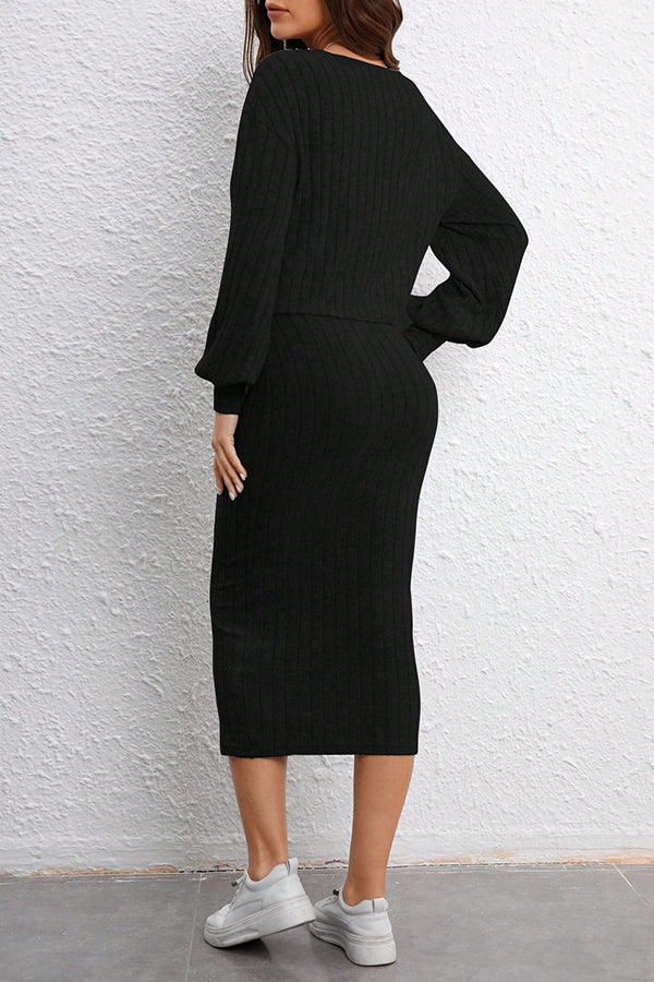 Solid Color Round Neck Long Sleeve Casual Cardigan and Suspender Slim Midi Dress Set