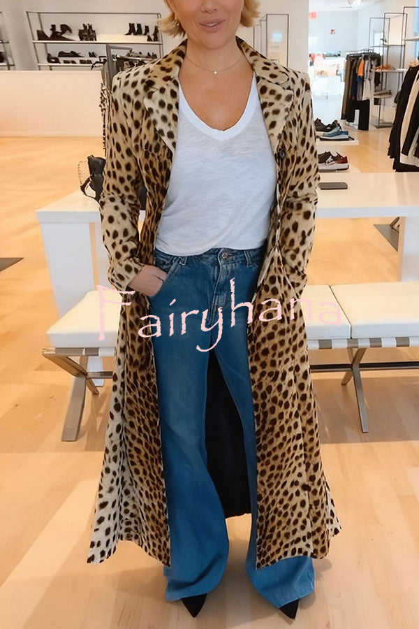 Leopard Print Long Sleeve Pocket Casual Maxi Trench Coat