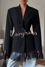 Solid Color Lace Panel Long Sleeve Button Elegant Blazer