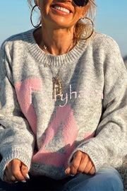 Letter Pattern Crew Neck Long Sleeve Loose Knit Sweater