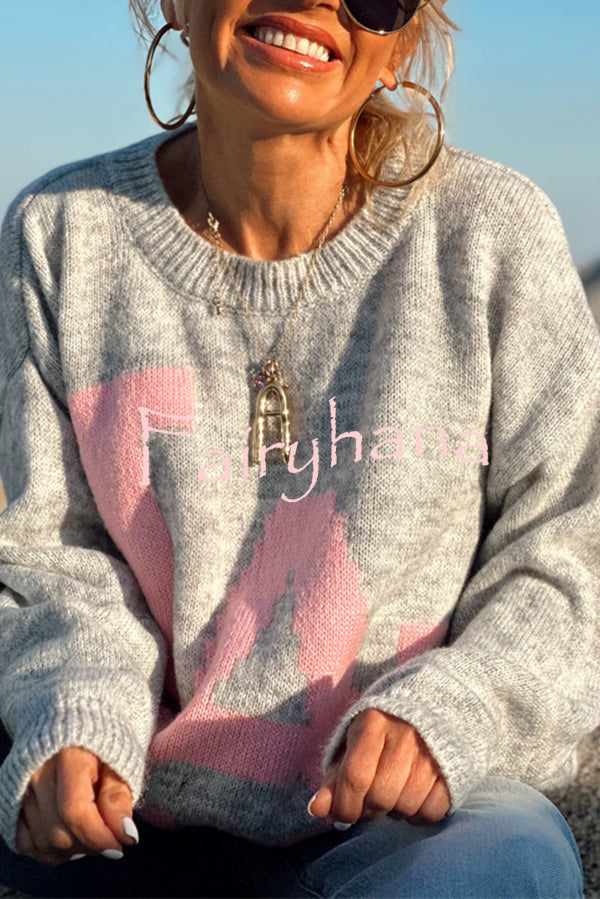 Letter Pattern Crew Neck Long Sleeve Loose Knit Sweater
