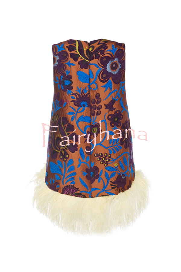 Emina Floral Feather Trim Trapezoidal Silhouette Asymmetrical Hem Top