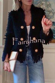 Solid Color Metal Button Long Sleeve Elegant Tassel Top