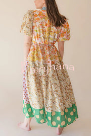Linen Blend Unique Print Lapel Puff Sleeve Casual Midi Dress