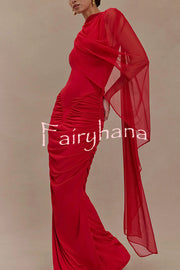 Fashionable Mesh Shawl Sleeveless Slim Fit Pleated Maxi Dress