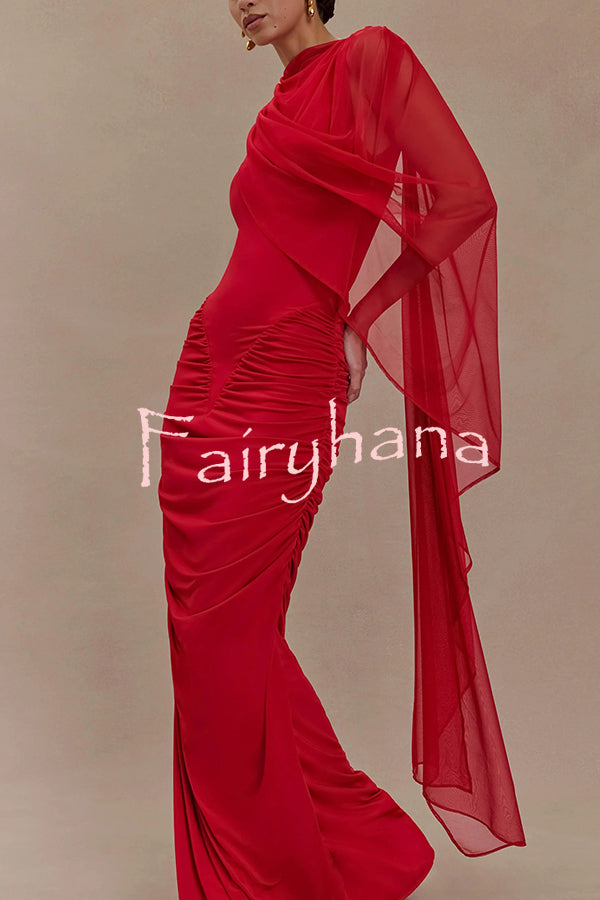 Fashionable Mesh Shawl Sleeveless Slim Fit Pleated Maxi Dress