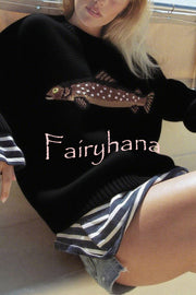 Fashionable Fish Pattern Round Neck Loose Knitted Sweater
