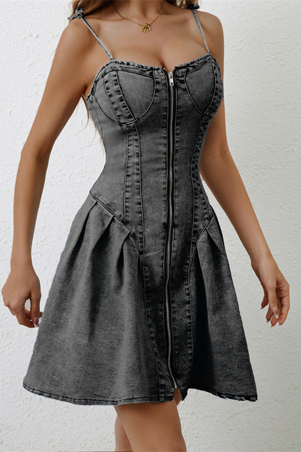 Fashionable Patchwork Suspender Zipper Slim Denim Mini Dress
