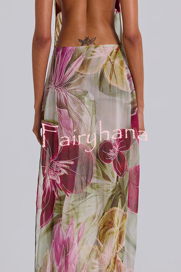Floral Print Sexy Backless Slit See-Through Holiday Maxi Dress