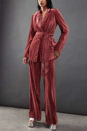 Solid Color Velvet Long-sleeved Waist Tie Top and Elastic Waist Casual Pocket Straight-leg Pants Set