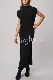 Solid Color Sleeveless Knitted Elegant Waist Midi Dress