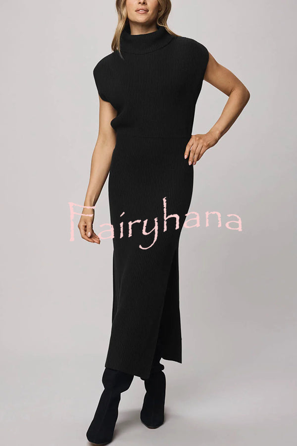 Solid Color Sleeveless Knitted Elegant Waist Midi Dress