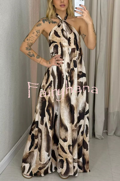 Leopard Print Sexy Halter Neck Backless Loose Maxi Dress