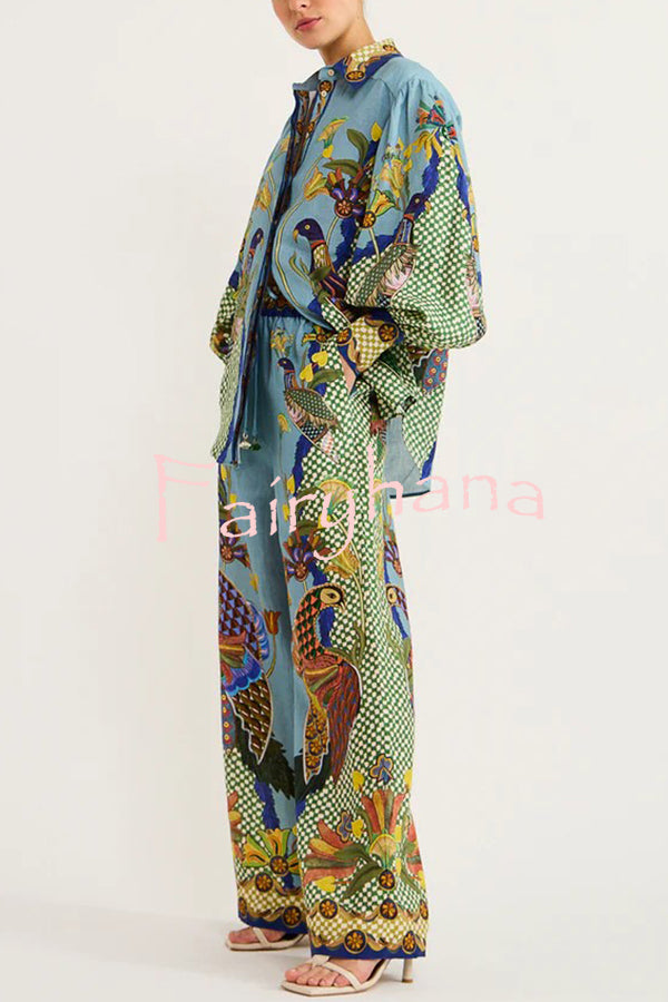 Smyrna Unique Heaven Bird Print Elastic Waist Pocketed Wide Leg Pants