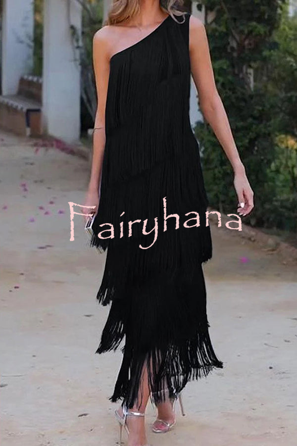 Stylish Fringed One Shoulder Asymmetric Midi Dress