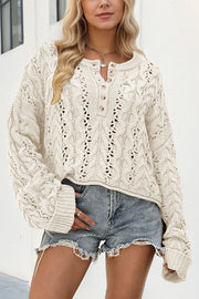 Solid Color Loose Long-sleeved Openwork Cable Knit Sweater