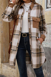 Retro Plaid Casual Long-sleeved Pocket Mid-length Coat