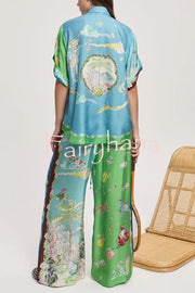 Unique Printed Lapel Short-sleeved Loose Shirt and Elastic Waist Tie Wide-leg Pants Set