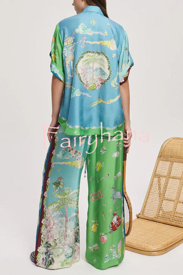 Unique Printed Lapel Short-sleeved Loose Shirt and Elastic Waist Tie Wide-leg Pants Set