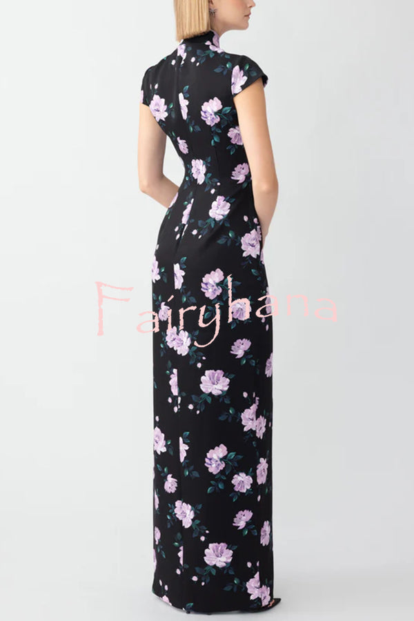 Lavender Flower Print Cutout Bow Details Thigh-high Slit Cheongsam Maxi Dress