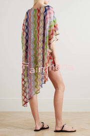 Sun Washed Knit Colorful Zigzag Pattern Asymmetric Hem Loose Cover-ups Kaftan