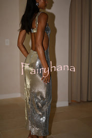 Eye Catching Sequin Cutout Waist Wide Strap Bacakless Maxi Dress