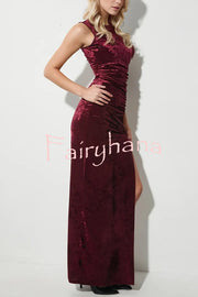 Solid Color Velvet Round Neck Sleeveless Slim Slit Maxi Dress